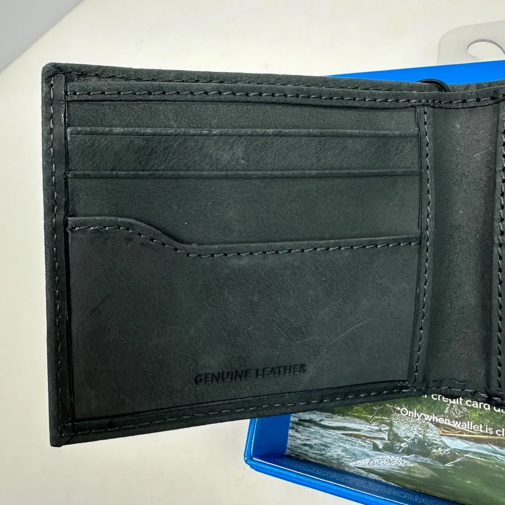 Columbia Mens Black Leather Bifold Wallet RFID Blocking Canvas Inlay Card Holder